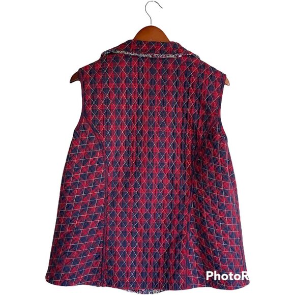 Quilted Reversible Full Zip Blue Red Paisley & Diagonal Plaid Women's Vest L - Picture 15 of 15